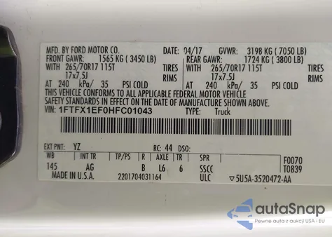 2017 Ford F-150 Xl z USA, uszkodzony, nr VIN 1FTFX1EF0HFC01043